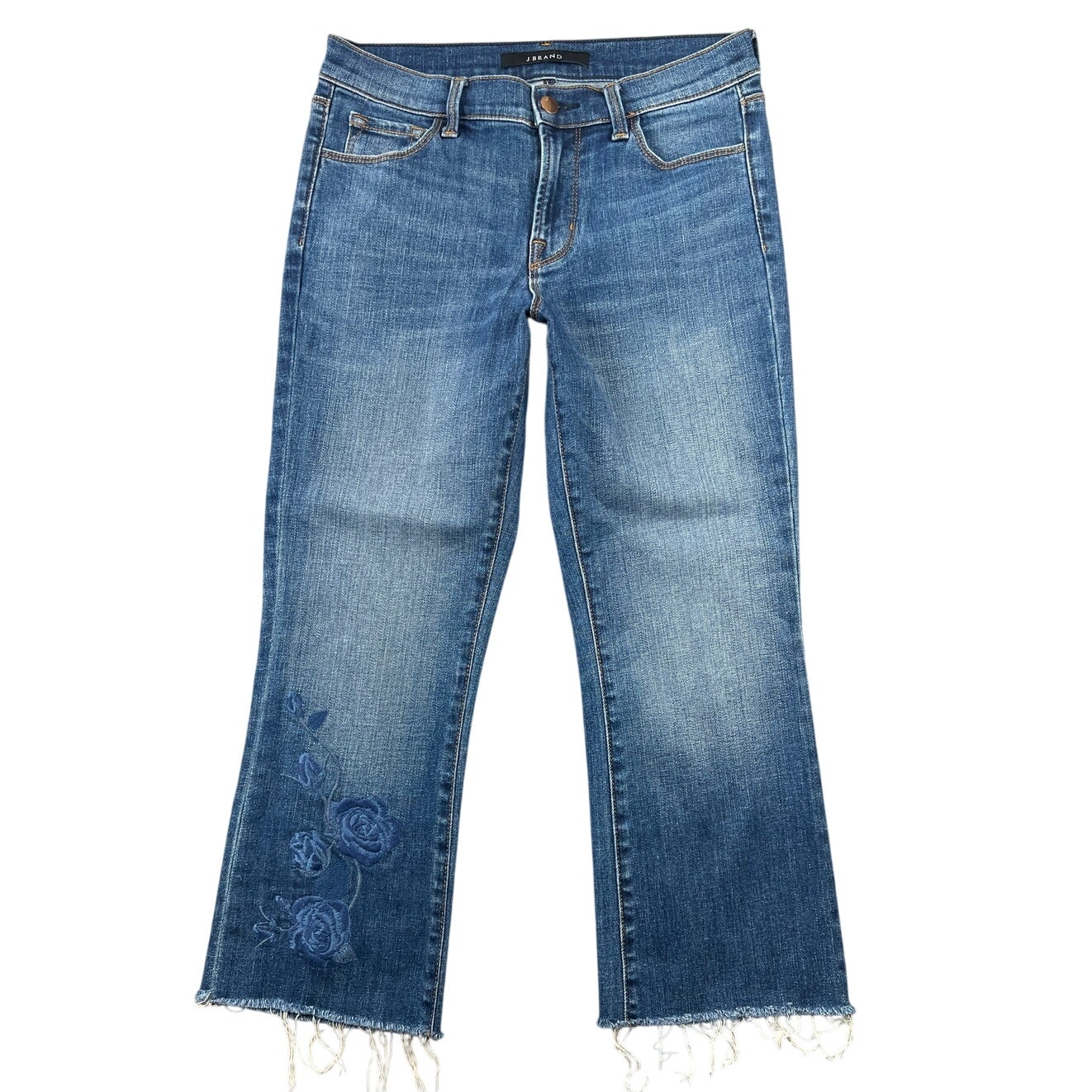 J Brand Cropped Flare Jeans Blue Embroidered Floral Raw Hem Stretch Denim  28